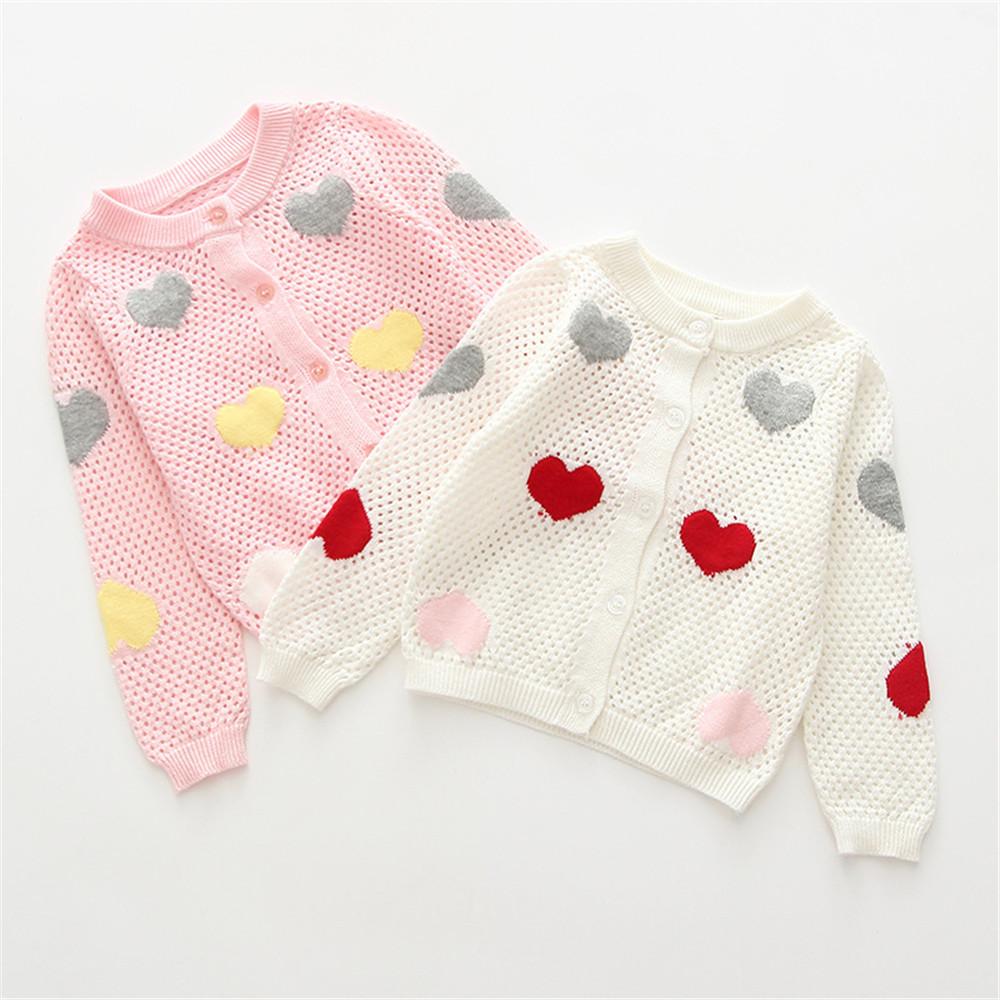 Girls Solid Button Heart Long Sleeve Sweaters - PrettyKid