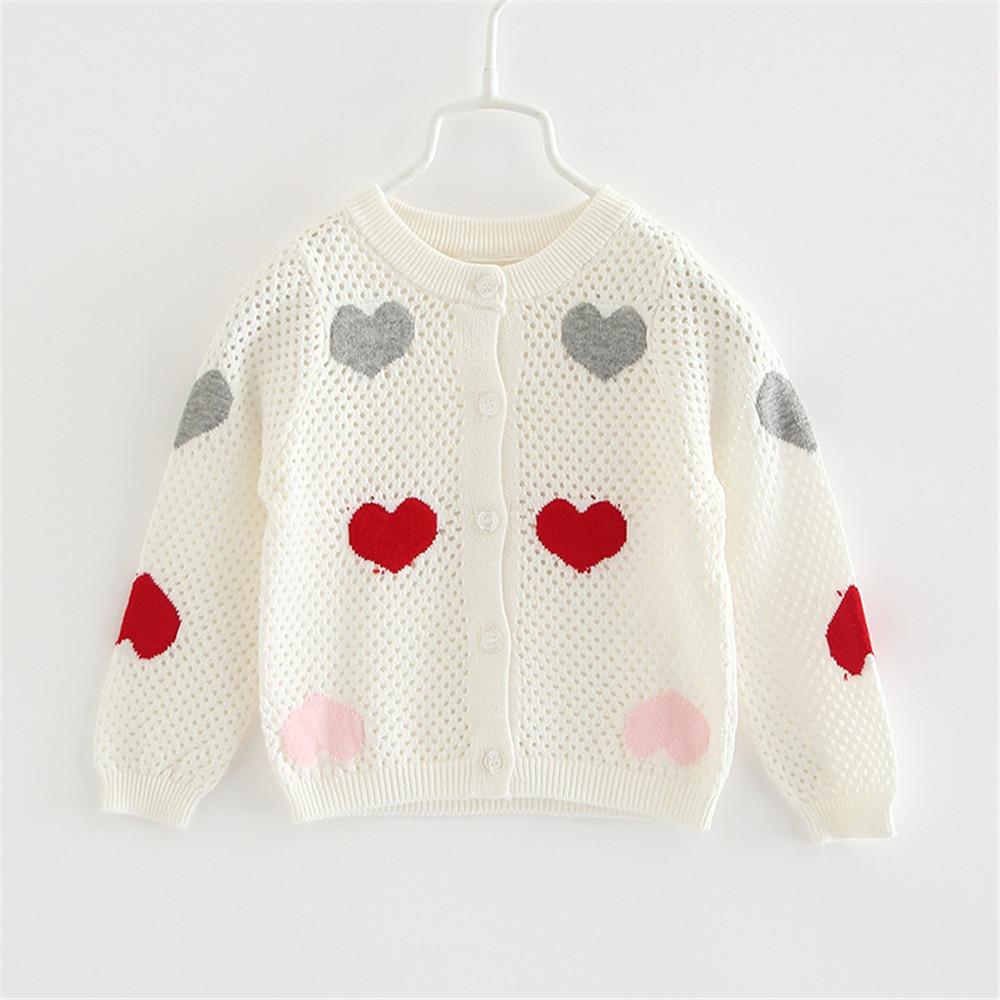 Girls Solid Button Heart Long Sleeve Sweaters - PrettyKid