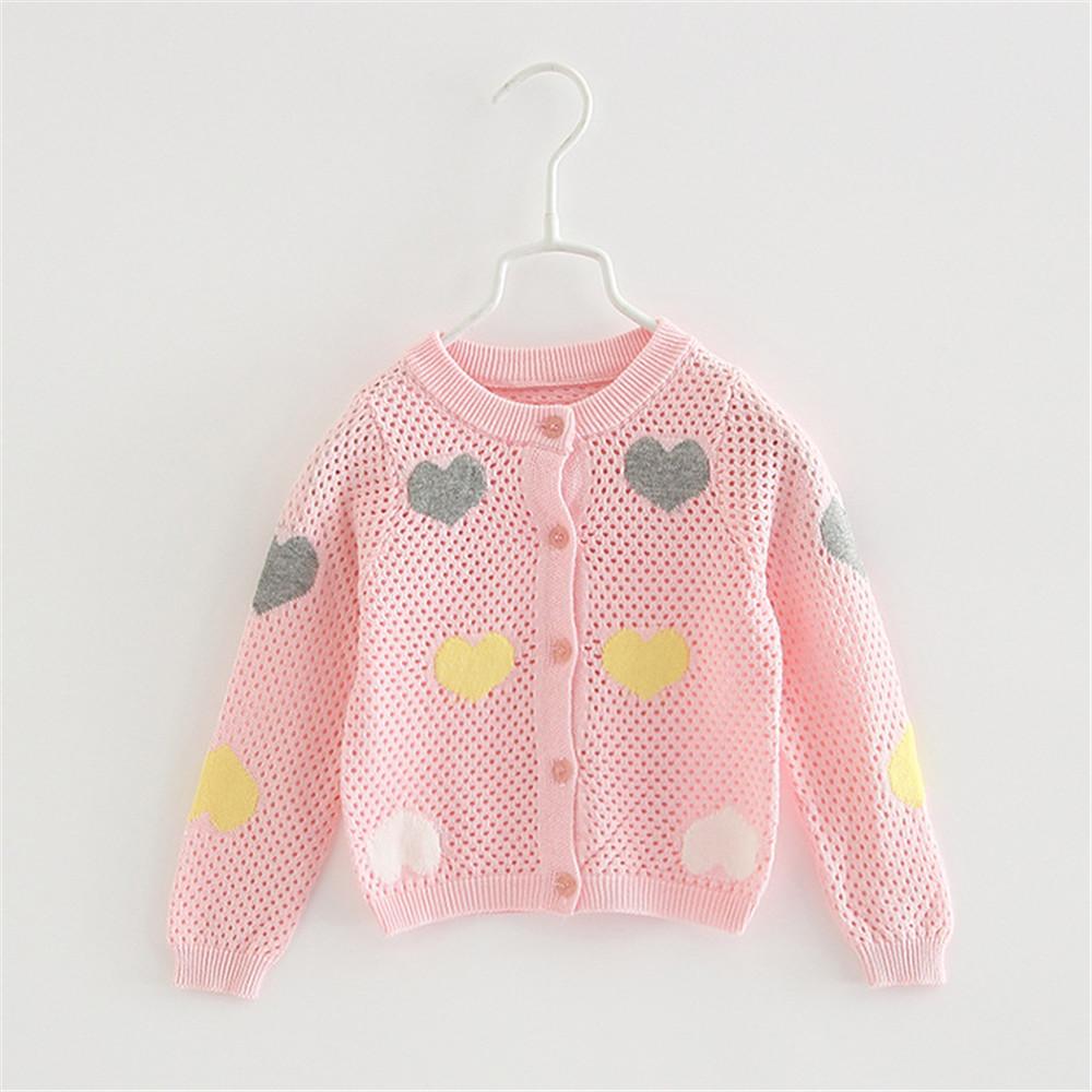 Girls Solid Button Heart Long Sleeve Sweaters - PrettyKid