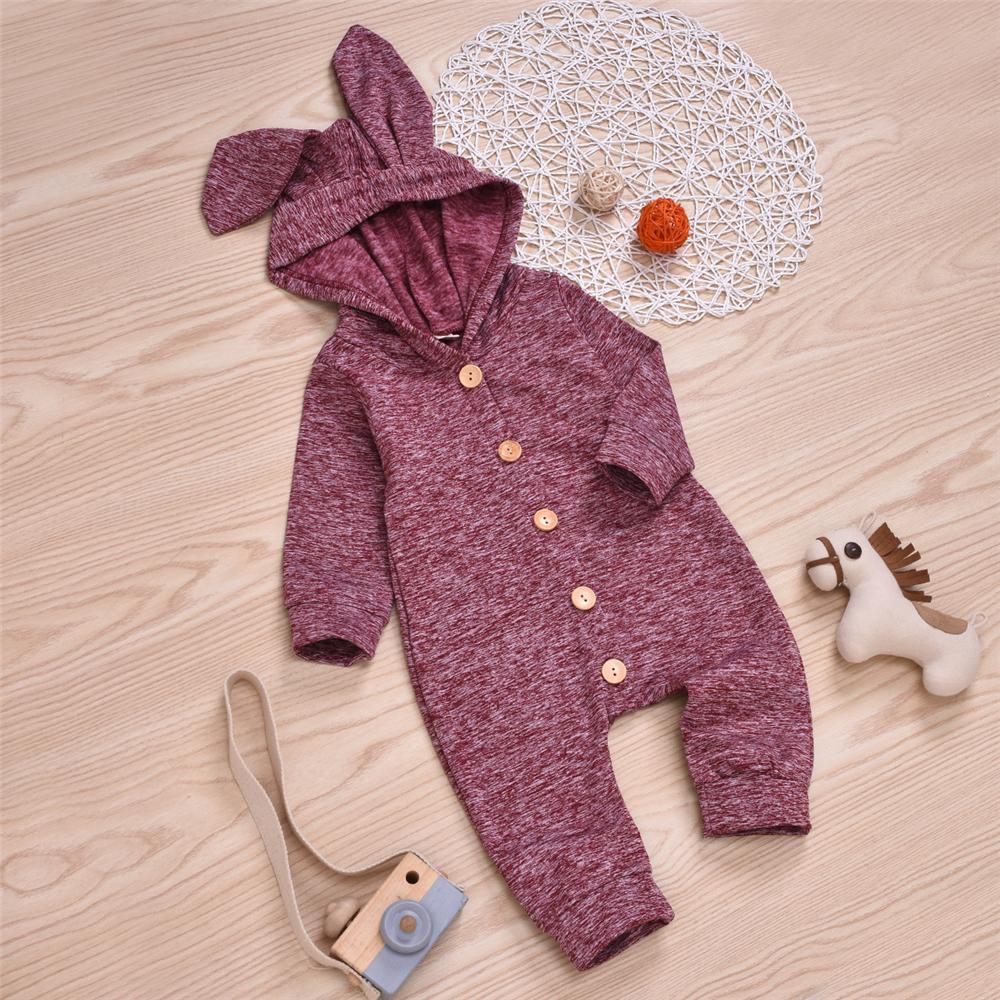 Baby Unisex Solid Button Hooded Cute Warm Romper Baby Clothing Distributor - PrettyKid