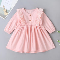 Baby Girls Solid Button Lace Collar Long Sleeve Tutu Dress - PrettyKid