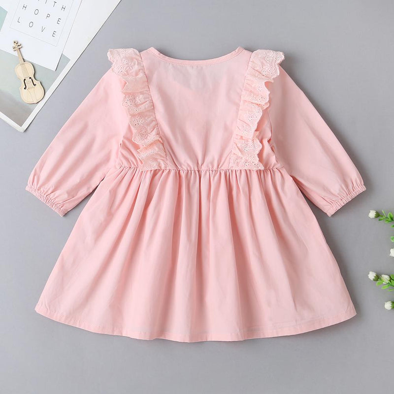 Baby Girls Solid Button Lace Collar Long Sleeve Tutu Dress - PrettyKid