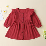 Baby Girls Solid Button Long Sleeve Casual Dress - PrettyKid