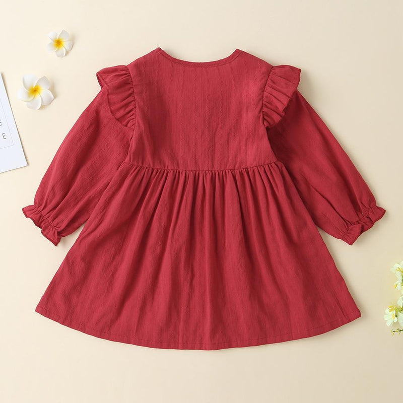 Baby Girls Solid Button Long Sleeve Casual Dress - PrettyKid