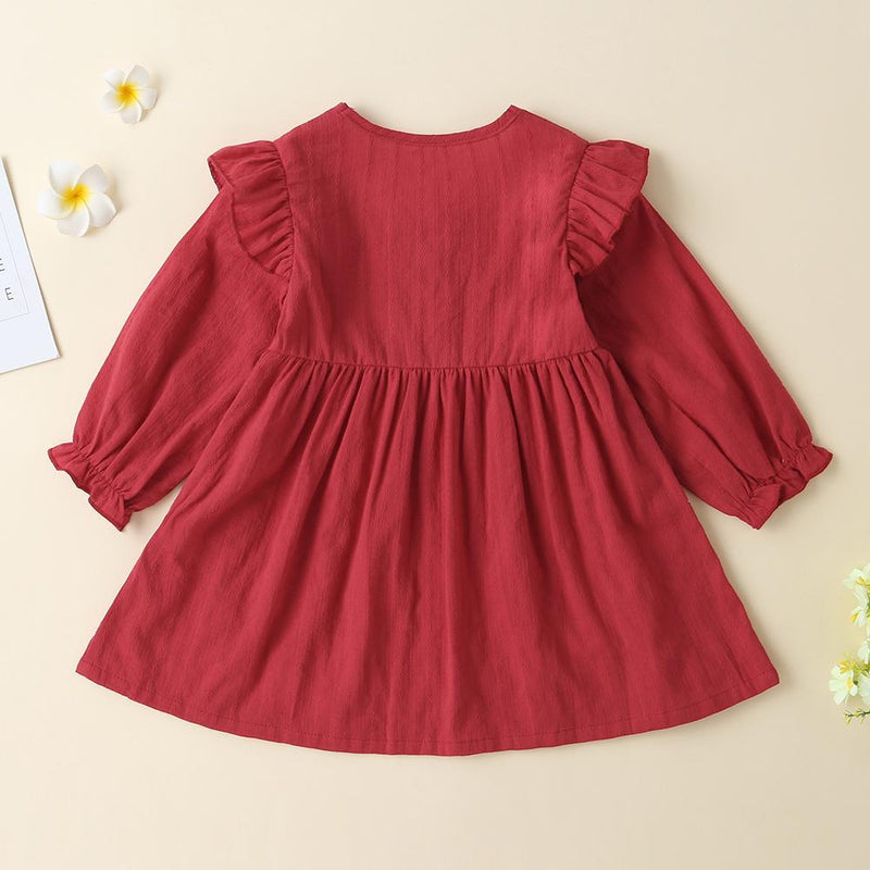 Baby Girls Solid Button Long Sleeve Casual Dress - PrettyKid