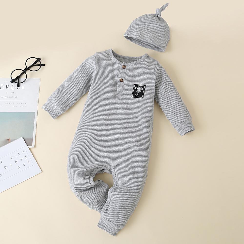 Baby Solid Button Long Sleeve Rompers & Hat - PrettyKid