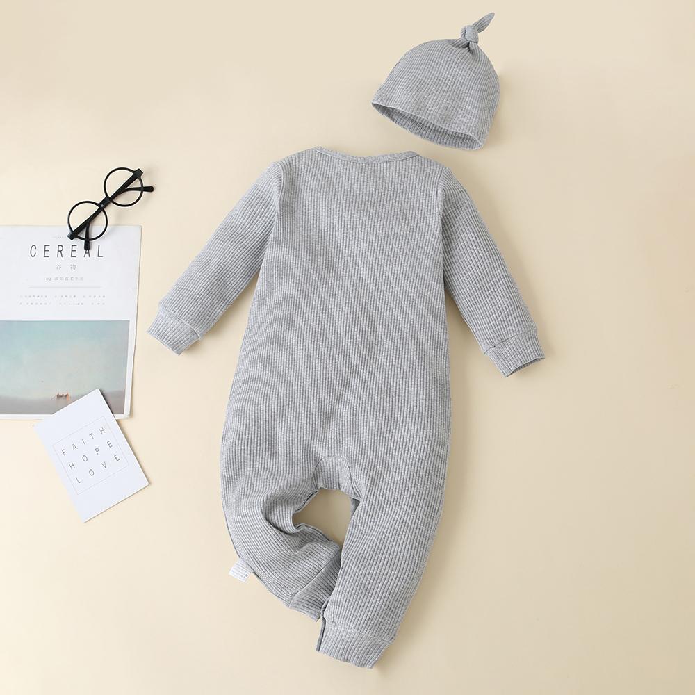 Baby Solid Button Long Sleeve Rompers & Hat - PrettyKid