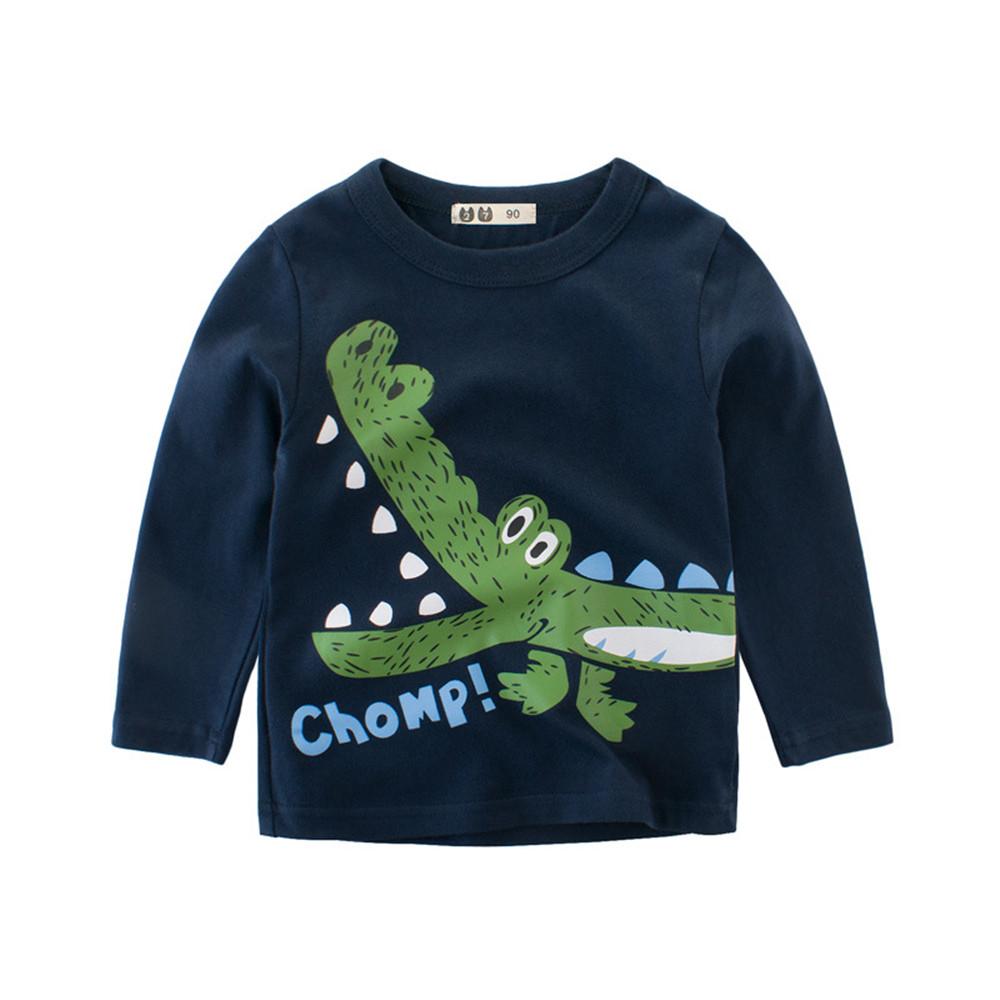 Boys Solid Casual Dino Cartoon Printed Long Sleeve T-shirt - PrettyKid