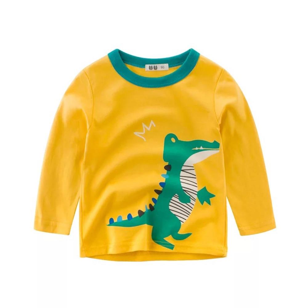 Boys Solid Casual Dino Cartoon Printed Long Sleeve T-shirt - PrettyKid