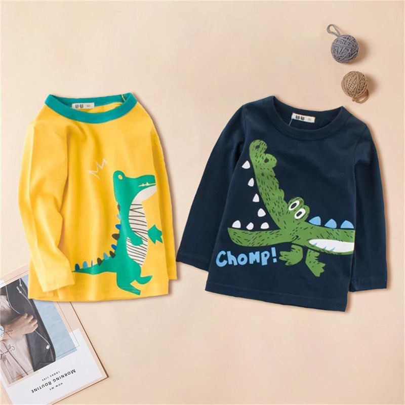 Boys Solid Casual Dino Cartoon Printed Long Sleeve T-shirt - PrettyKid