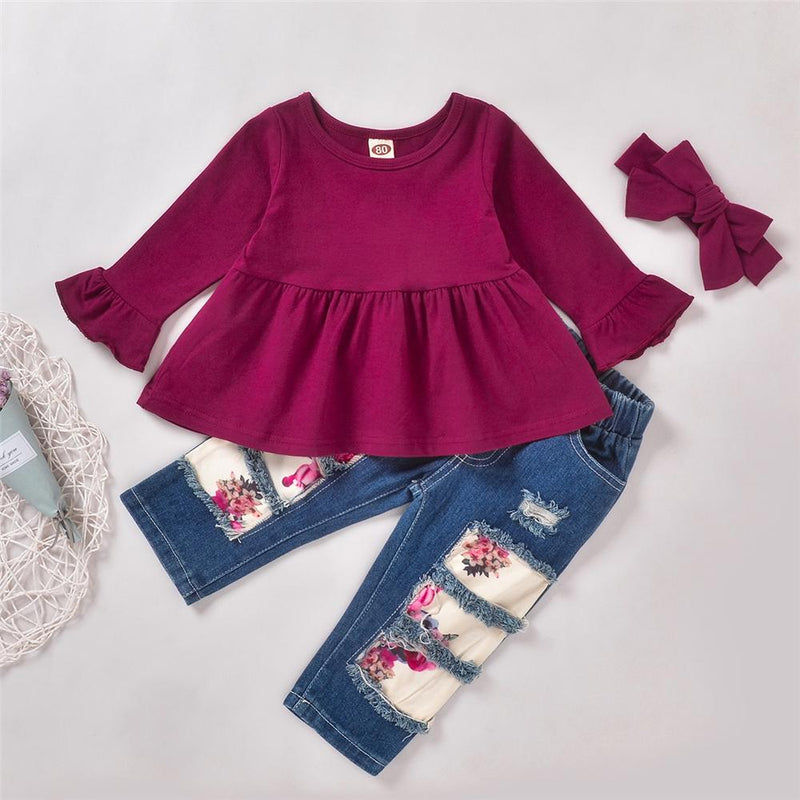 Girls Solid Casual Top & Jeans & Headband Wholesale Little Girl Clothing - PrettyKid