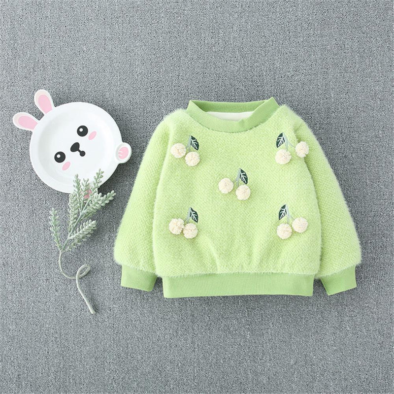 Girls 4PCS Solid Cherry Fur Ball Long Sleeve Sweaters - PrettyKid