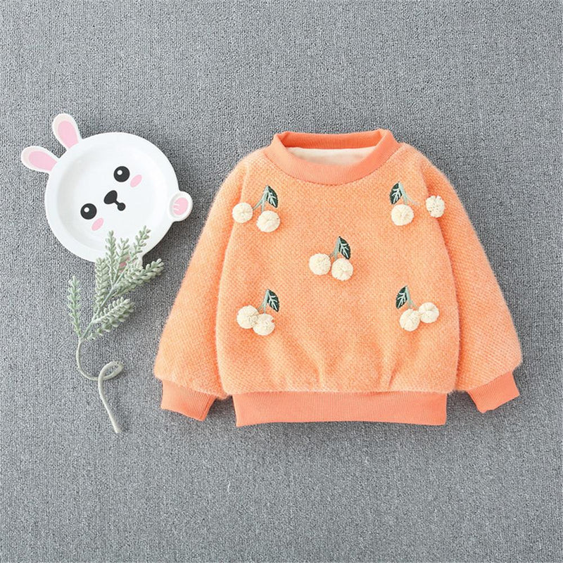 Girls 4PCS Solid Cherry Fur Ball Long Sleeve Sweaters - PrettyKid