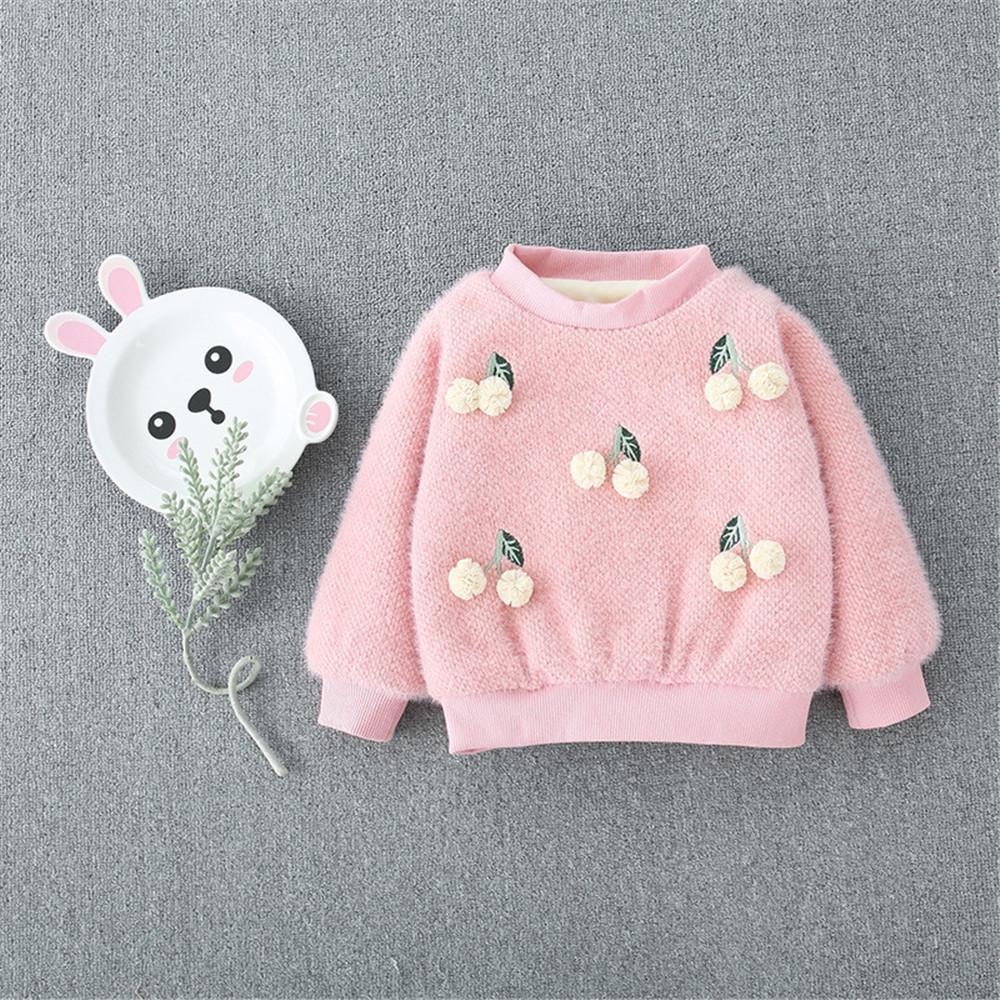 Girls 4PCS Solid Cherry Fur Ball Long Sleeve Sweaters - PrettyKid