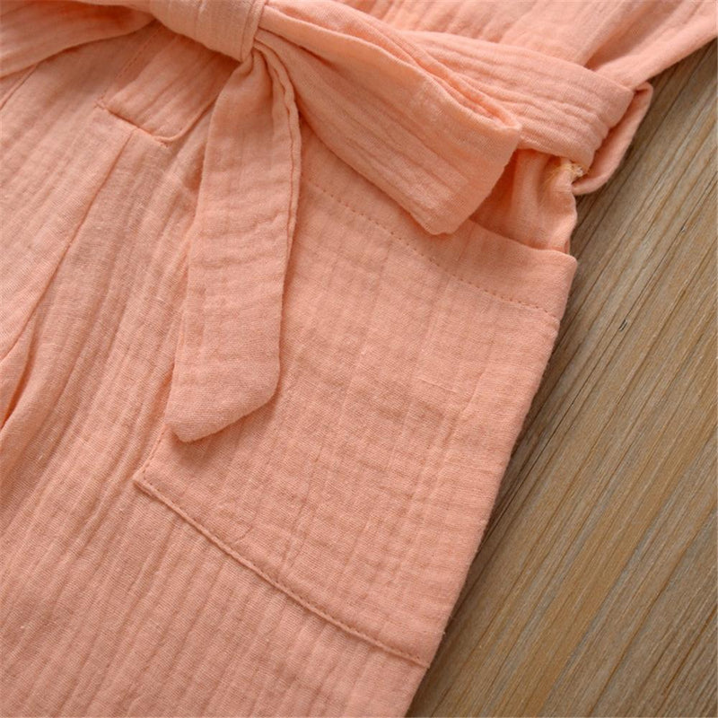 Girls Solid Color Big Pocket Short Sleeve Jumpsuit & Belt Wholesale Girl Clothing - PrettyKid
