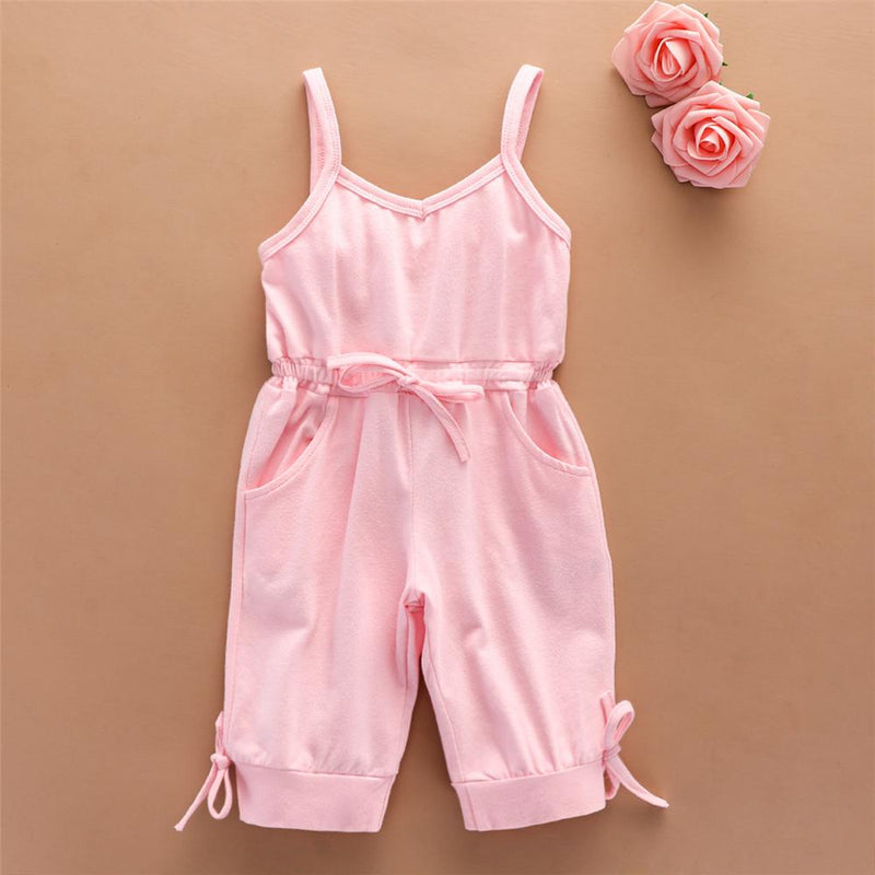 Toddler Girls Solid Color Bow Decor Pocket Sling Jumpsuit urban children's clothing wholesale - PrettyKid