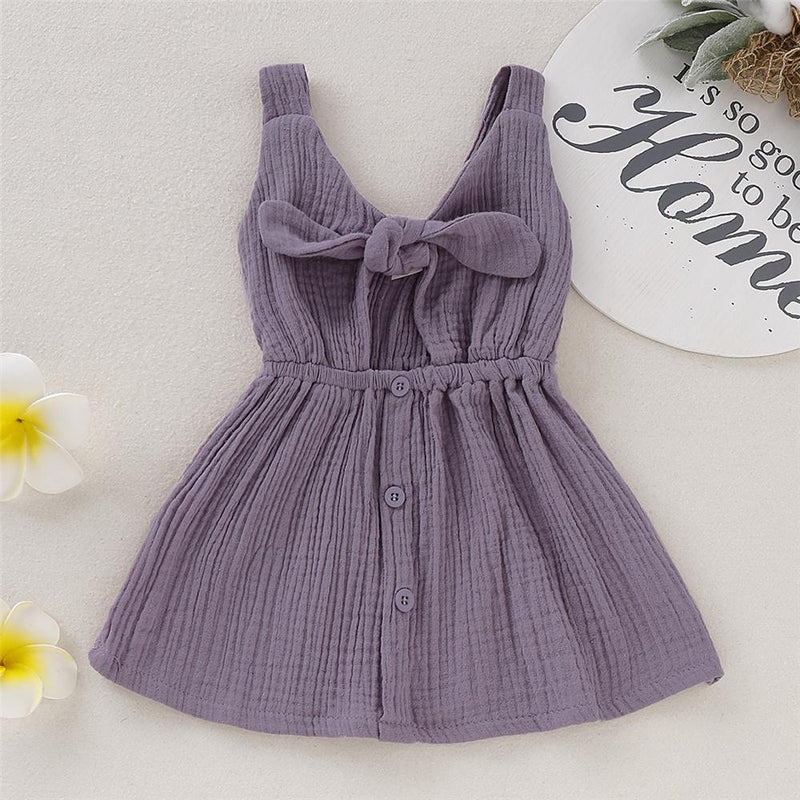 Girls Solid Color Bow Decor Sleeveless Dress Wholesale Baby Girl Clothes - PrettyKid