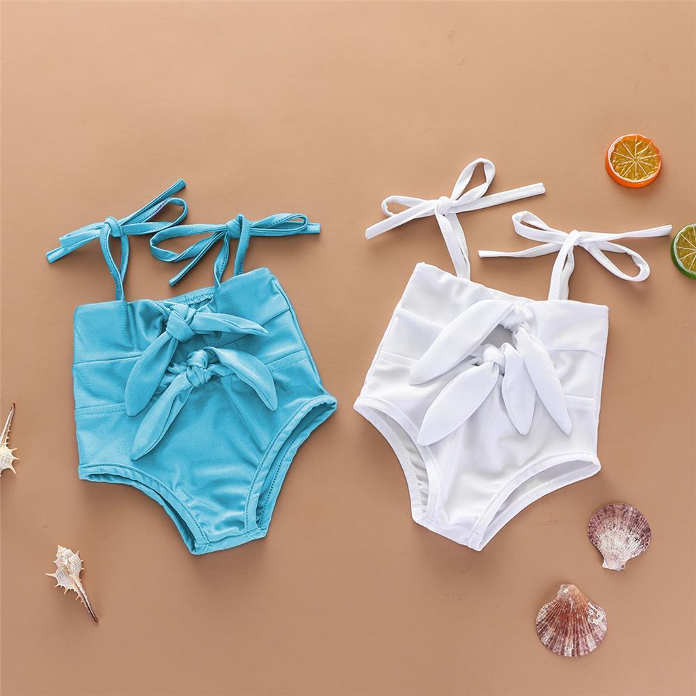 Baby Girls Solid Color Bow Decor Sling Swimwear Toddler One Piece Swimsuitkids tracksuits wholesale - PrettyKid