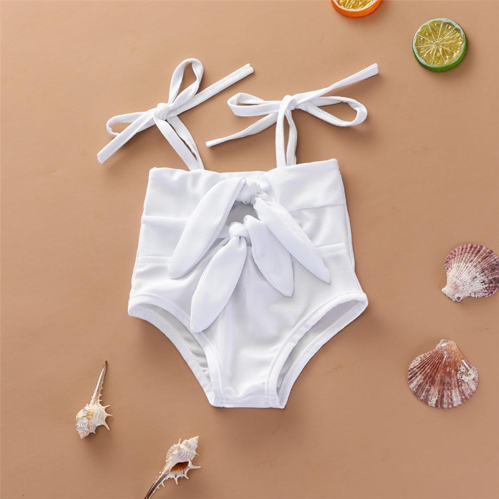 Baby Girls Solid Color Bow Decor Sling Swimwear Toddler One Piece Swimsuitkids tracksuits wholesale - PrettyKid