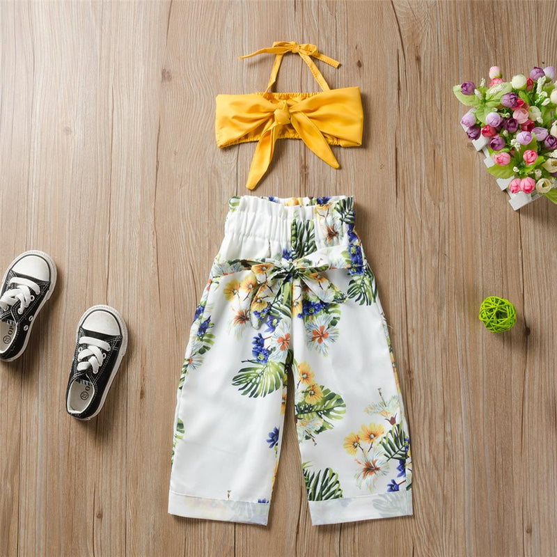 Girls Solid Color Bow Decor Tank Top Plant Printed Pants Wholesale Little Girls Clothes - PrettyKid