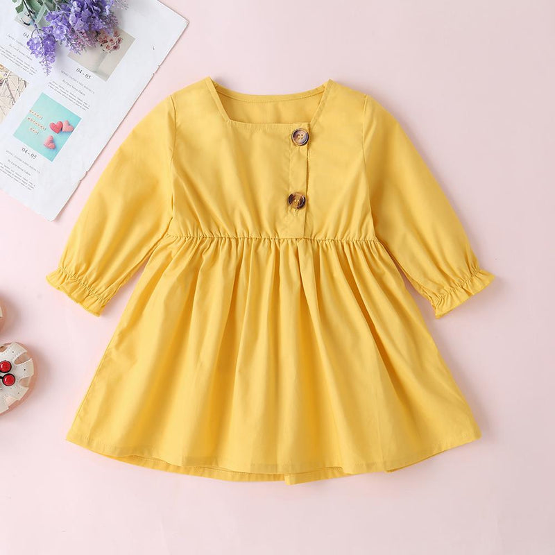 Girls Solid Color Button Long Sleeve Casual Dress - PrettyKid