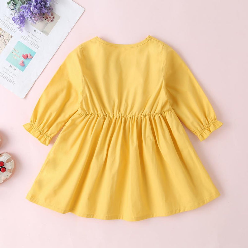 Girls Solid Color Button Long Sleeve Casual Dress - PrettyKid