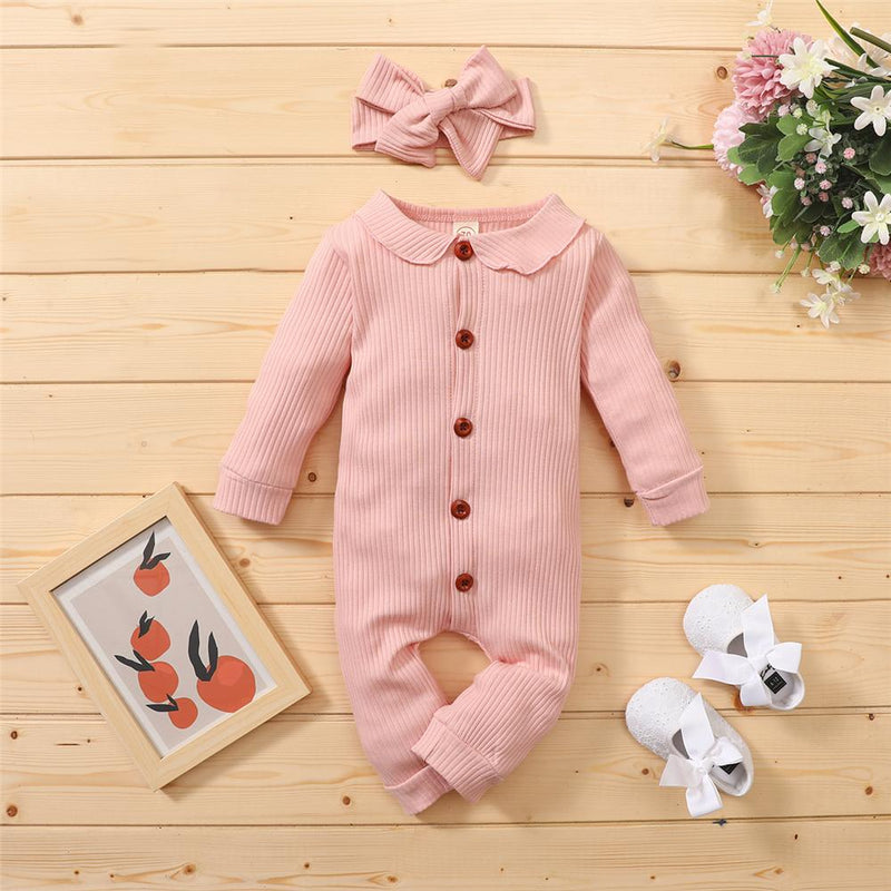 Baby Girls Solid Color Button Long Sleeve Casual Romper & Headband Baby Clothes Vendors - PrettyKid