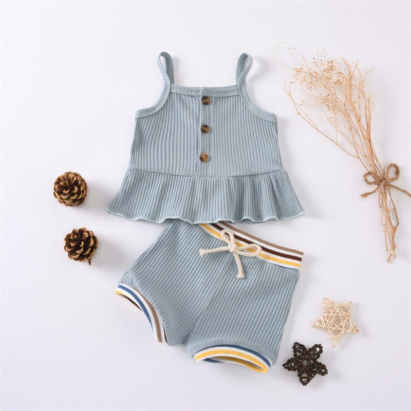Baby Girls Solid Color Button Tank & Striped Shorts Baby Boutique Clothes Wholesale - PrettyKid