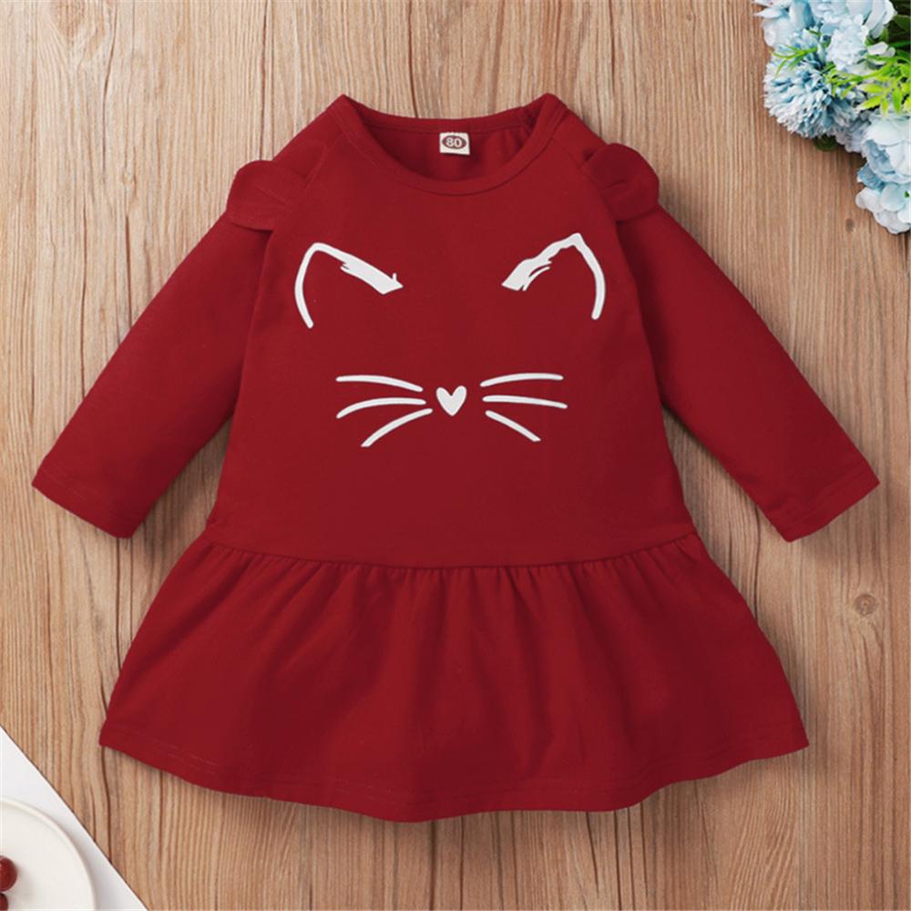 Baby Girls Solid Color Cat Face Printed Long Sleeve Cute Dress Baby Outfits - PrettyKid