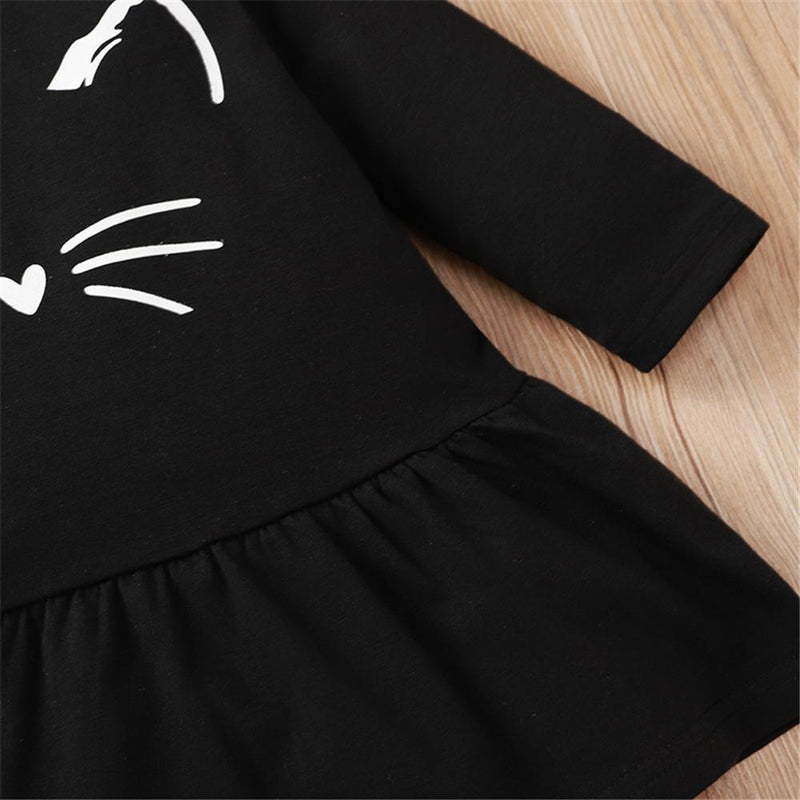 Baby Girls Solid Color Cat Face Printed Long Sleeve Cute Dress Baby Outfits - PrettyKid
