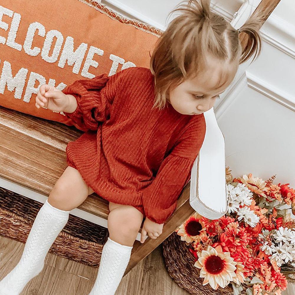 Girls Solid Color Crew Neck Long Sleeve Dress Kids Wear Wholesale - PrettyKid