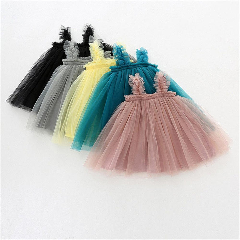 Girls Solid Color Cute Mesh Suspender Dress Girls Wholesale Dresses - PrettyKid