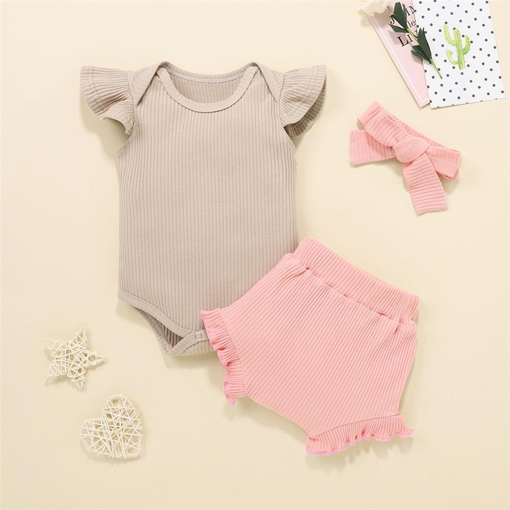 Baby Girls Solid Color Flying Sleeve Romper & Shorts & Headband Wholesale Baby clothing in bulk - PrettyKid