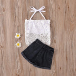 Girls Solid Color Lace Sling Top & Denim Shorts Baby Clothing Warehouse - PrettyKid