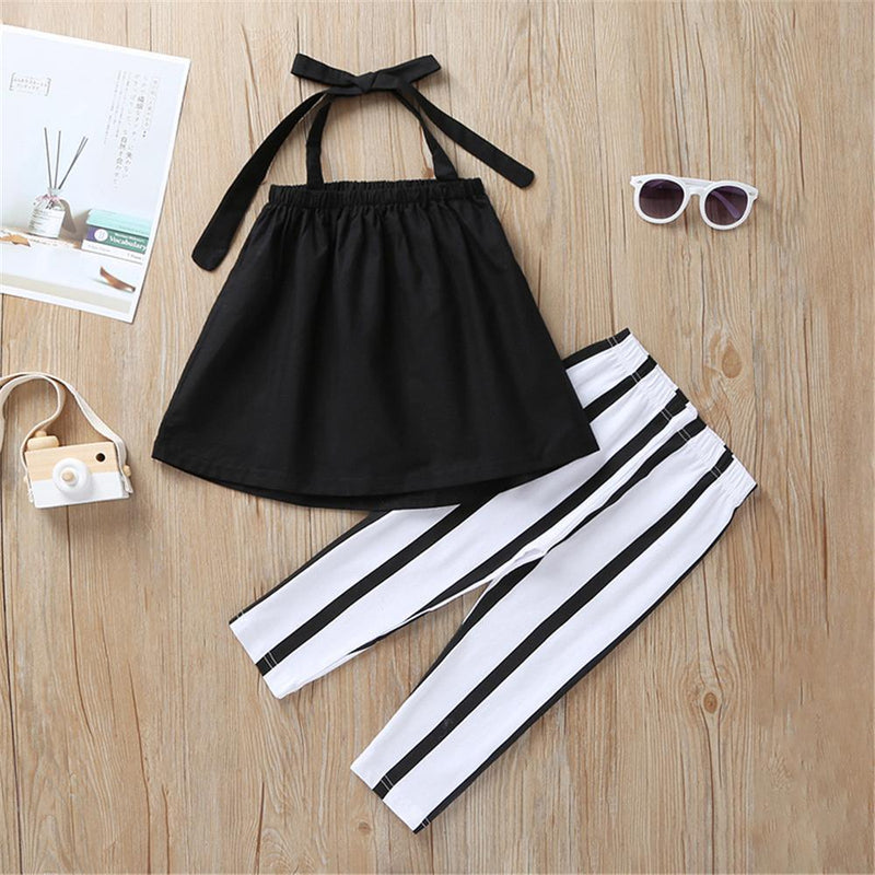 Girls Solid Color Lace Up Sling Top & Striped Pants Girls clothing Wholesale - PrettyKid