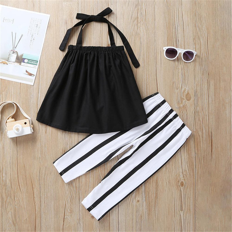 Girls Solid Color Lace Up Sling Top & Striped Pants Girls clothing Wholesale - PrettyKid
