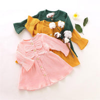Girls Solid Color Long Sleeve Cotton Button Dress Girls Clothing Wholesalers - PrettyKid