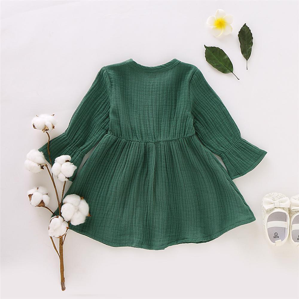 Girls Solid Color Long Sleeve Cotton Button Dress Girls Clothing Wholesalers - PrettyKid