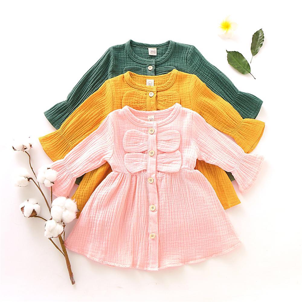 Girls Solid Color Long Sleeve Cotton Button Dress Girls Clothing Wholesalers - PrettyKid