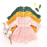 Girls Solid Color Long Sleeve Cotton Button Dress Girls Clothing Wholesalers - PrettyKid