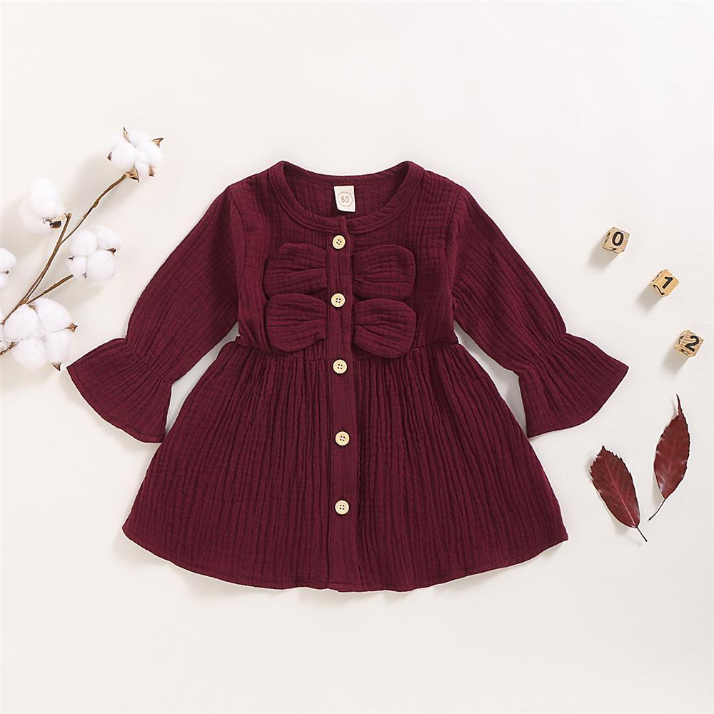 Girls Solid Color Long Sleeve Cotton Button Dress Girls Clothing Wholesalers - PrettyKid