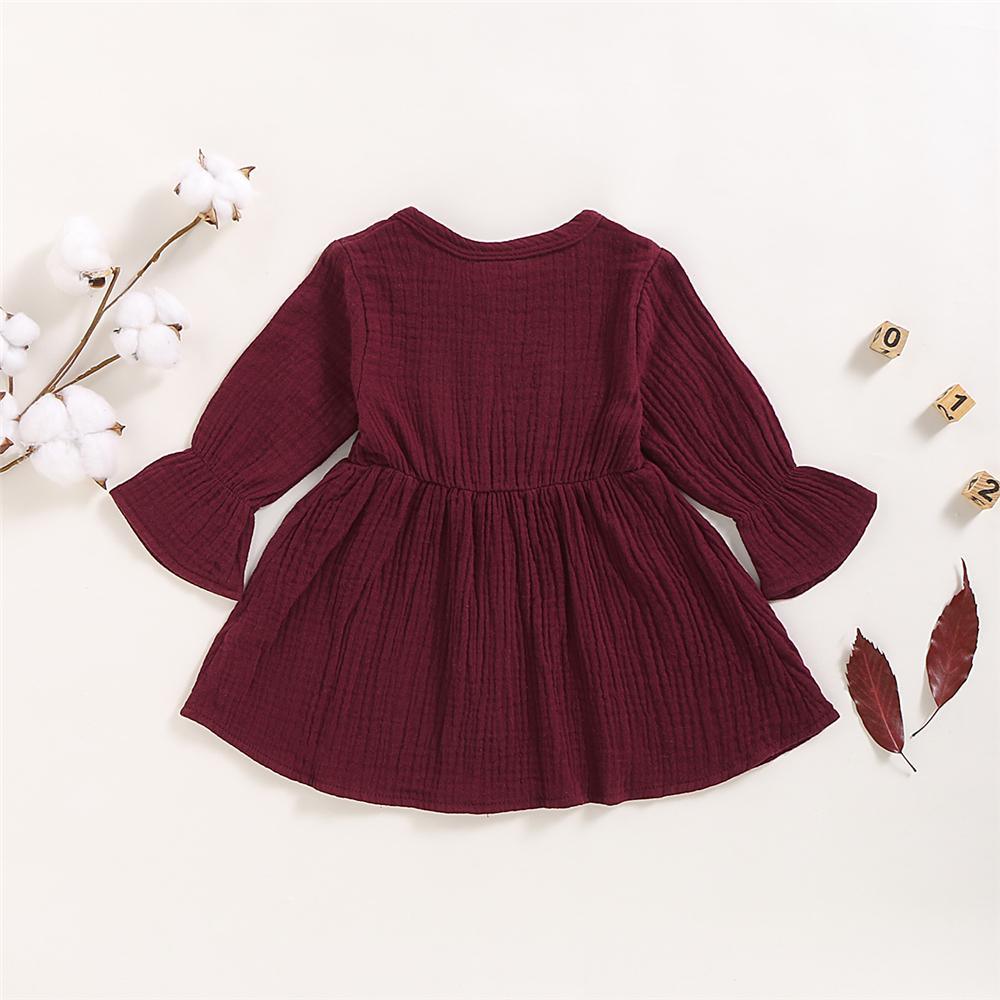 Girls Solid Color Long Sleeve Cotton Button Dress Girls Clothing Wholesalers - PrettyKid