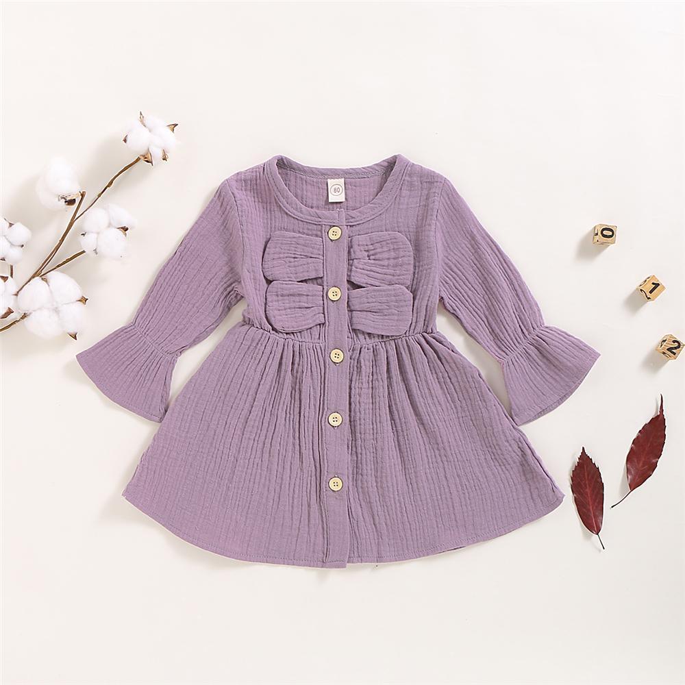 Girls Solid Color Long Sleeve Cotton Button Dress Girls Clothing Wholesalers - PrettyKid
