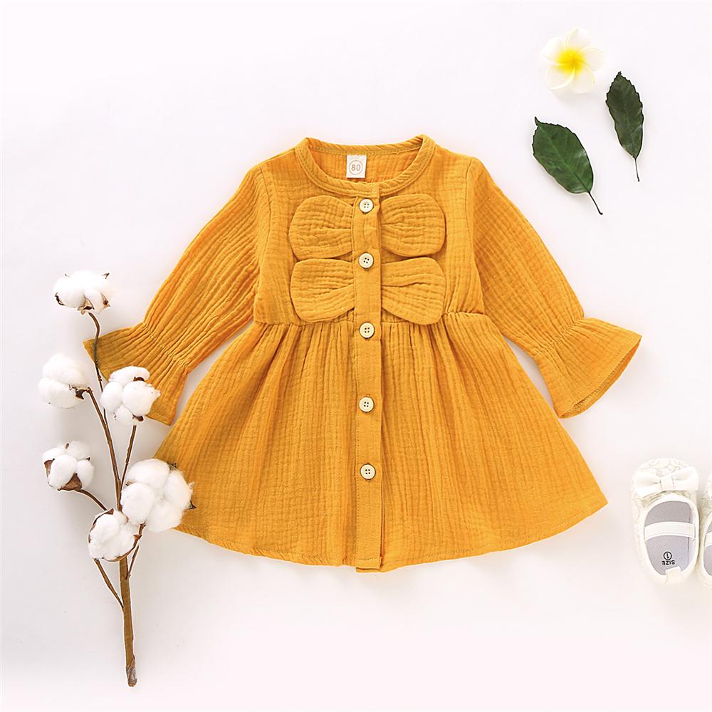 Girls Solid Color Long Sleeve Cotton Button Dress Girls Clothing Wholesalers - PrettyKid