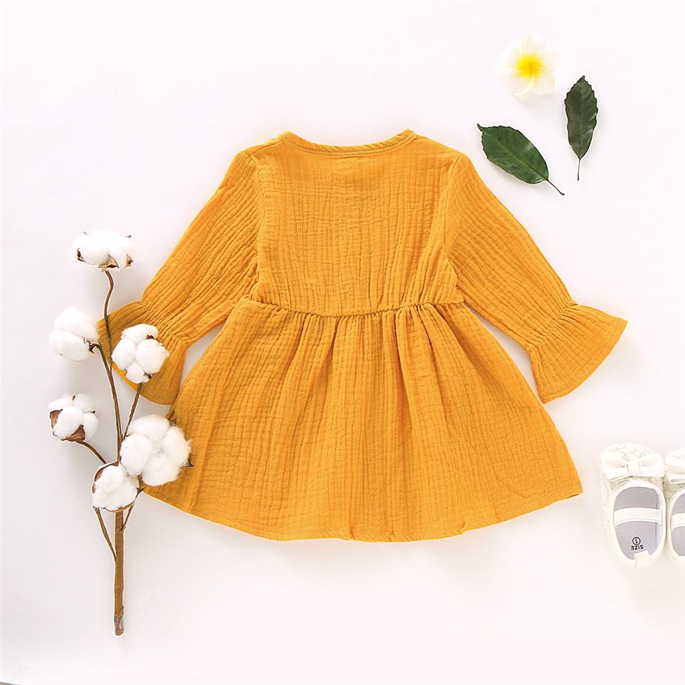 Girls Solid Color Long Sleeve Cotton Button Dress Girls Clothing Wholesalers - PrettyKid