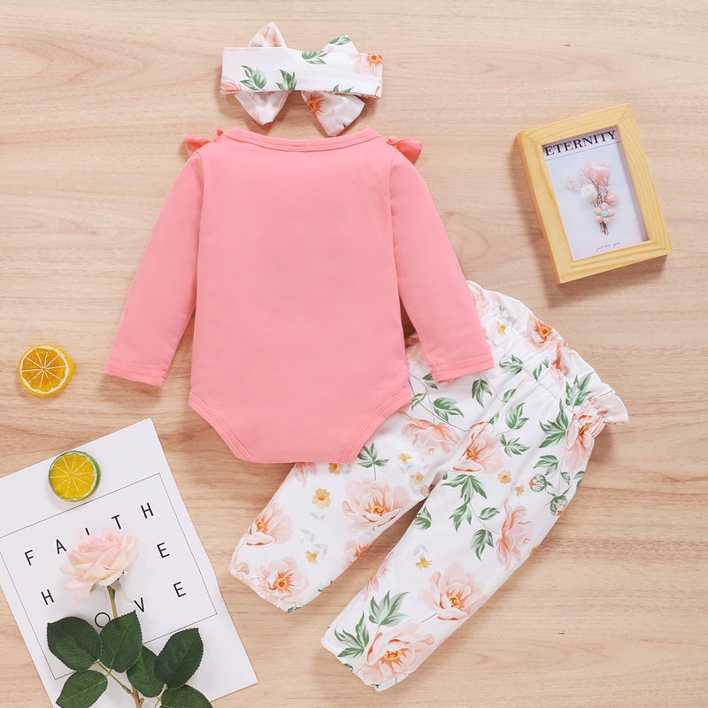Baby Girls Solid Color Long Sleeve Romper & Floral Pants & Headband Baby Clothes Suppliers - PrettyKid