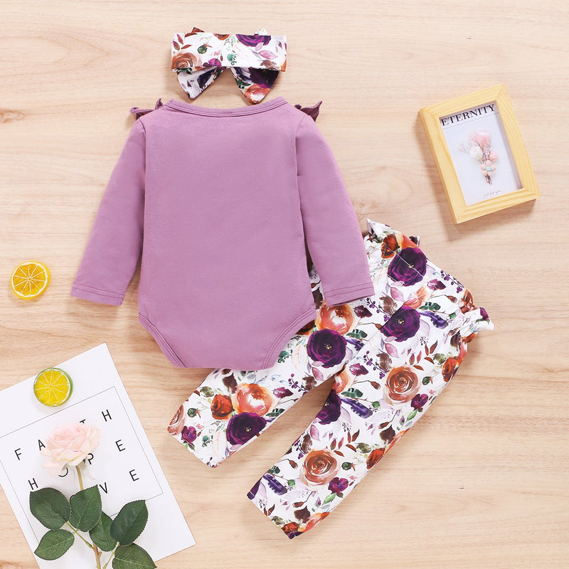 Baby Girls Solid Color Long Sleeve Romper & Floral Pants & Headband Baby Clothes Suppliers - PrettyKid