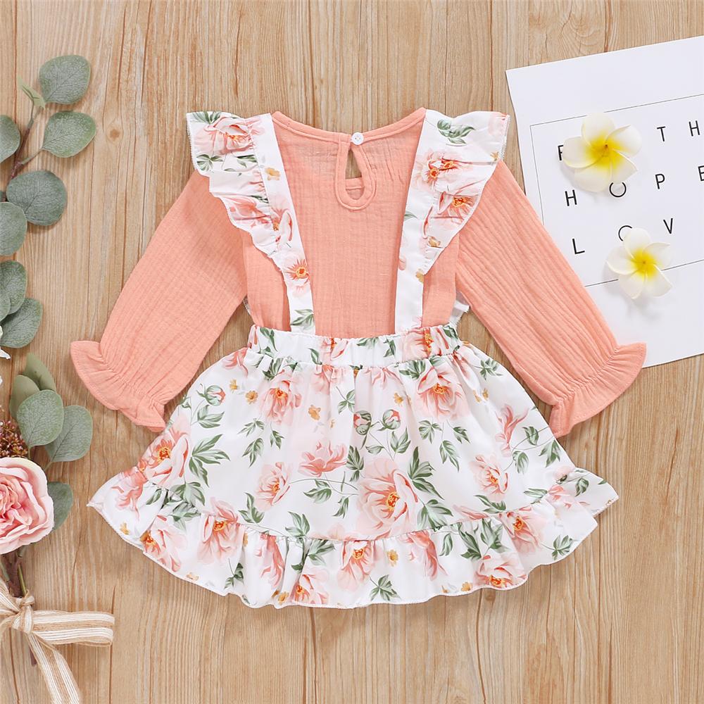 Girls Solid Color Long Sleeve Top & Floral Printed Suspender Skirt Wholesale Girl Clothing - PrettyKid