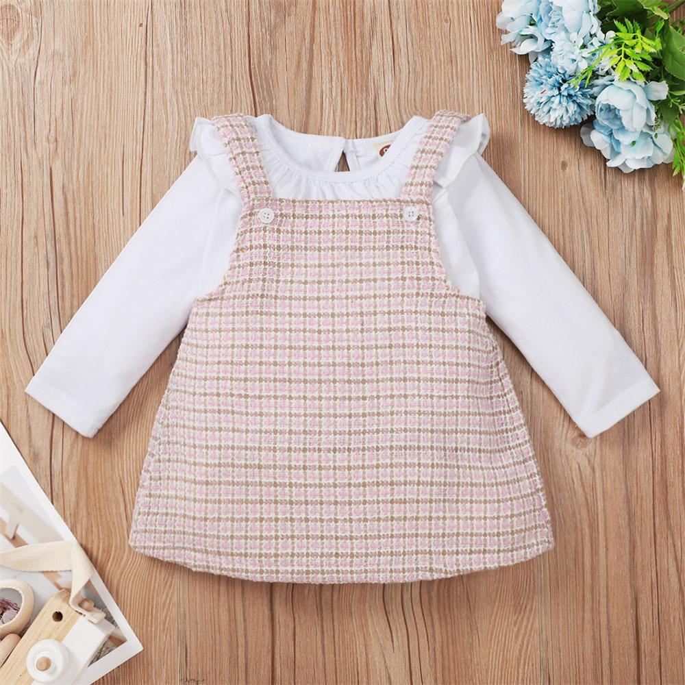 Baby Girls Solid Color Long Sleeve Top & Plaid Printed Dress Baby Clothes Warehouse - PrettyKid