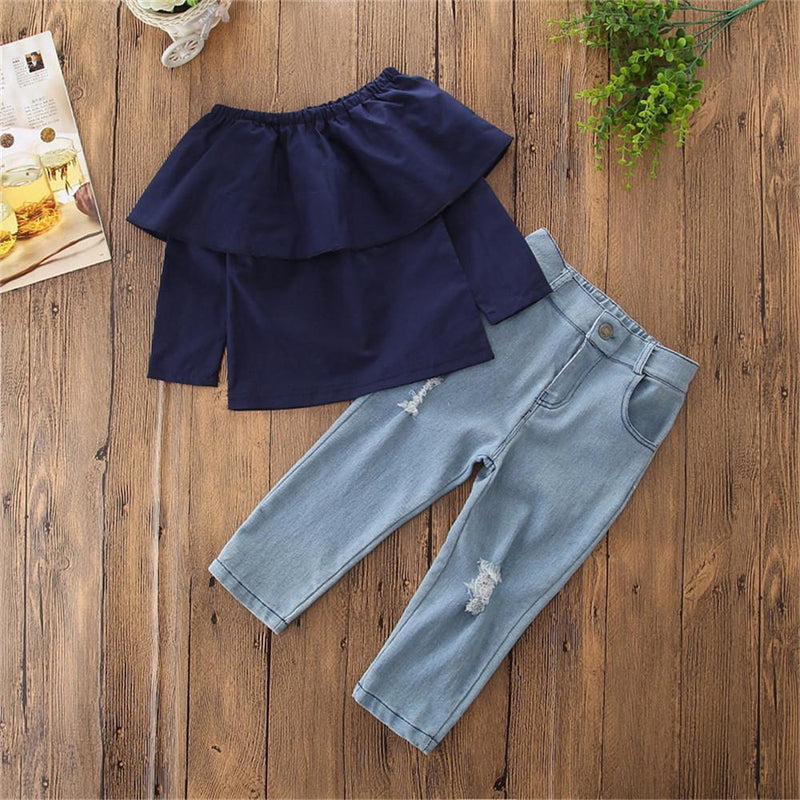 Girls Solid Color Long Sleeve Top & Ripped Jeans Bulk Childrens Clothes - PrettyKid